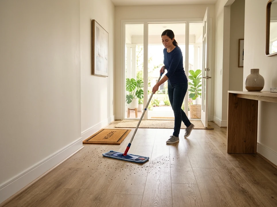 Lady Cealning Vinyl Flooring with mob