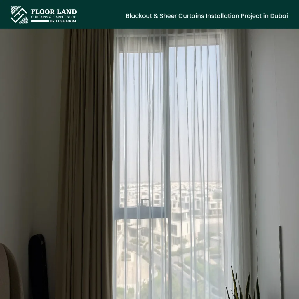 Curtain Installation in Dubai Hills, Park Horizon. motorized double curtains and sheers