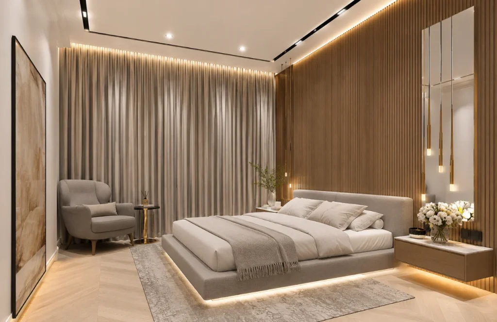 Luxury blackout curtains Dubai installed in bedroom