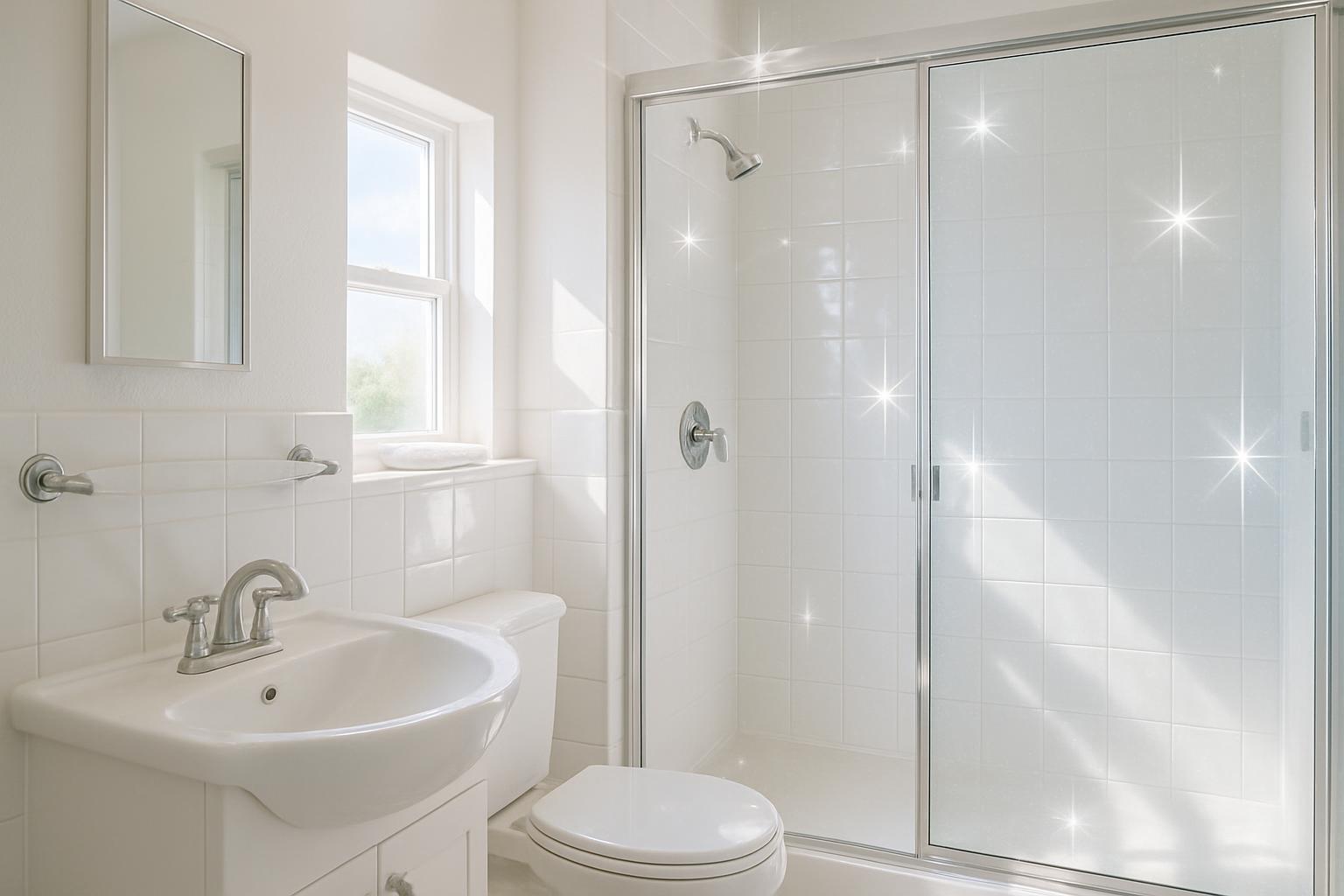 a bright, clean bathroom with sparkling shower tiles, showcasing the importance of cleanliness, realistic photo style