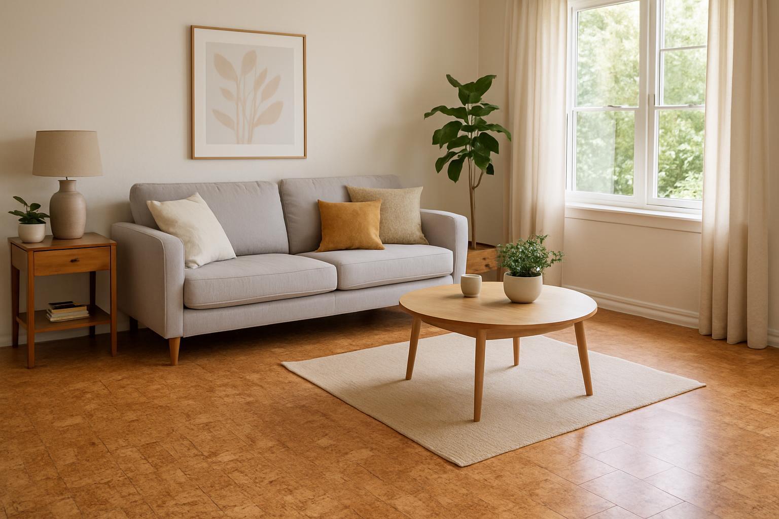 a bright living room featuring cork flooring