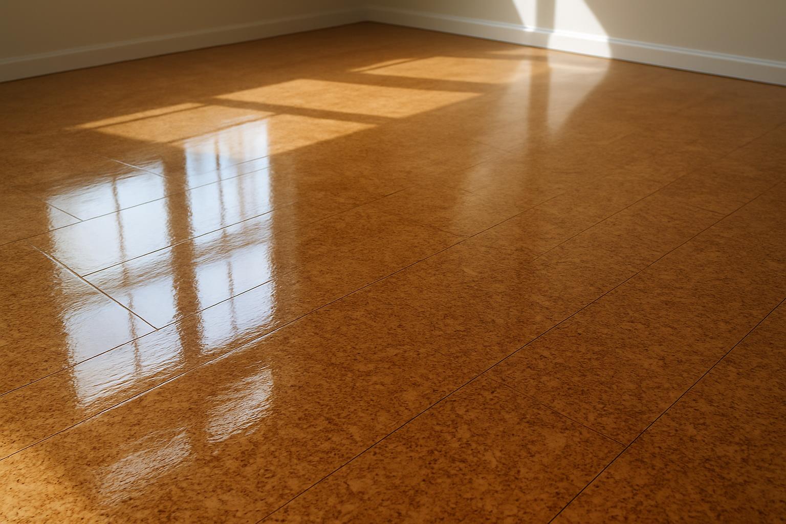 a clean and polished cork floor reflecting sunlight