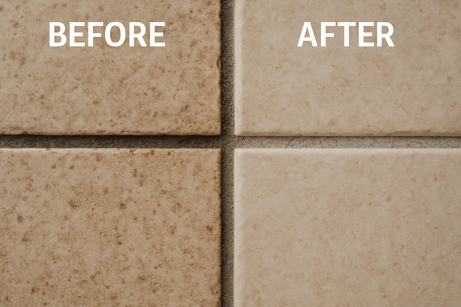 a close-up of grout lines before and after cleaning