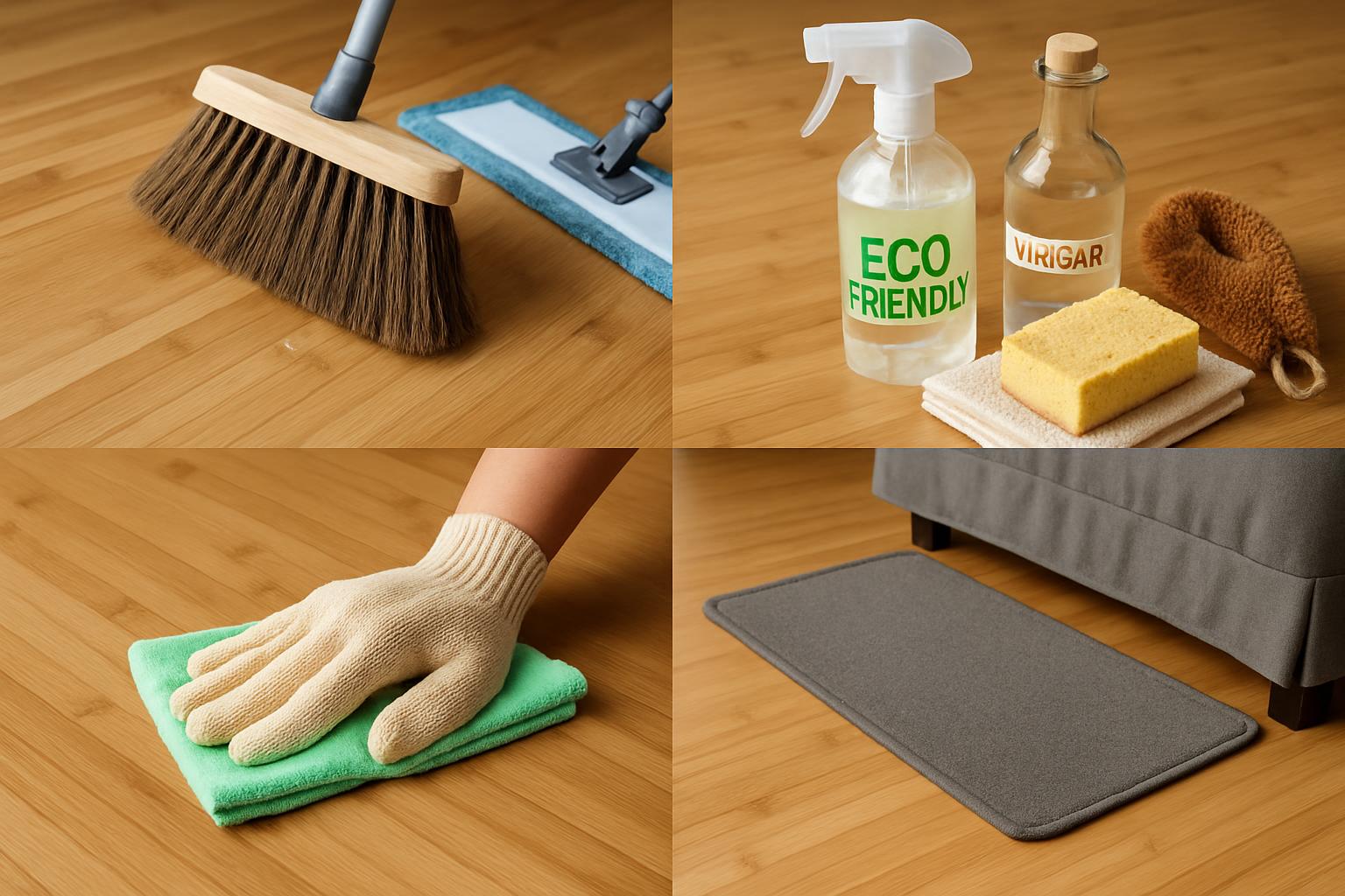 a collage of bamboo flooring maintenance tips