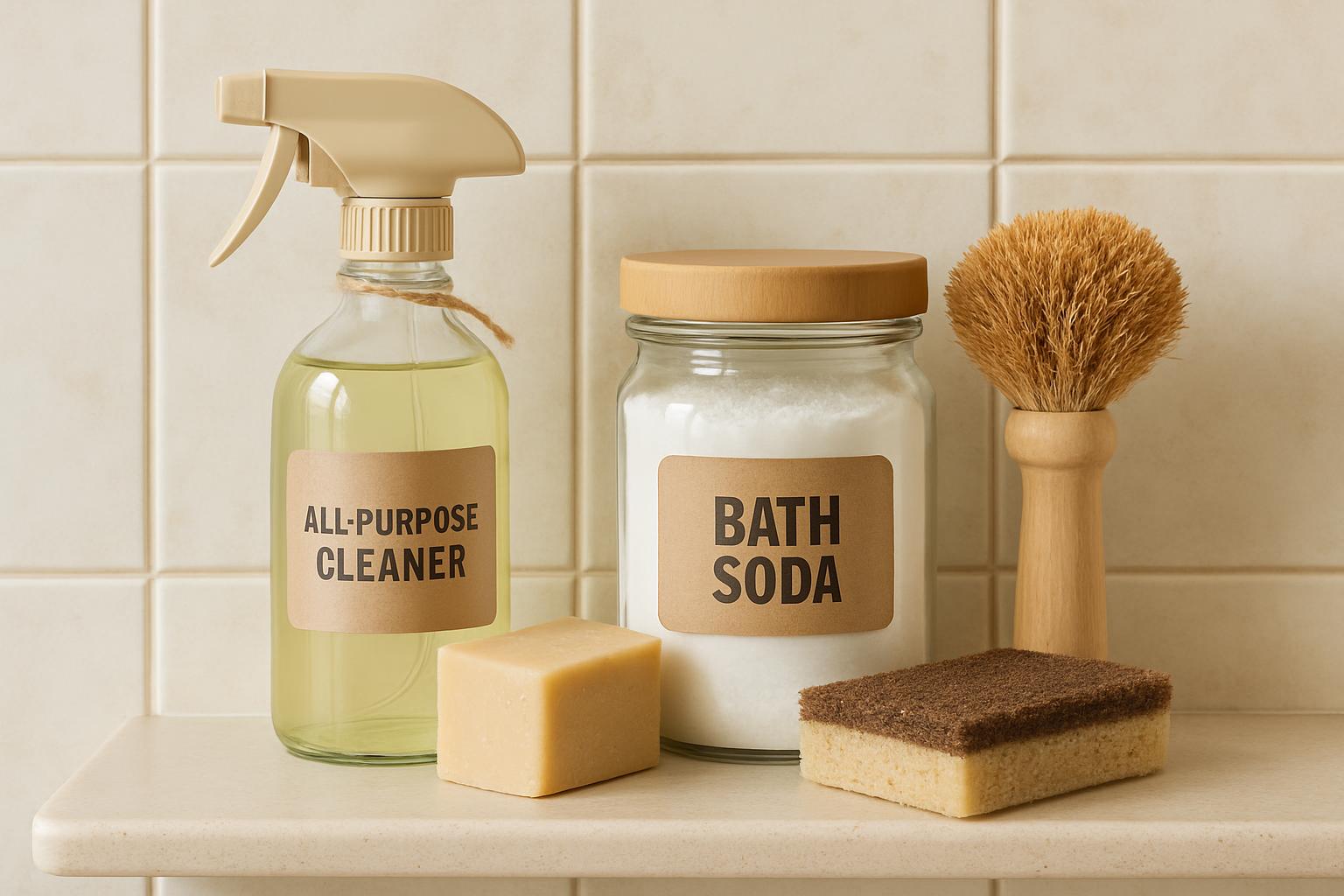 a collection of eco-friendly cleaning products on a bathroom shelf