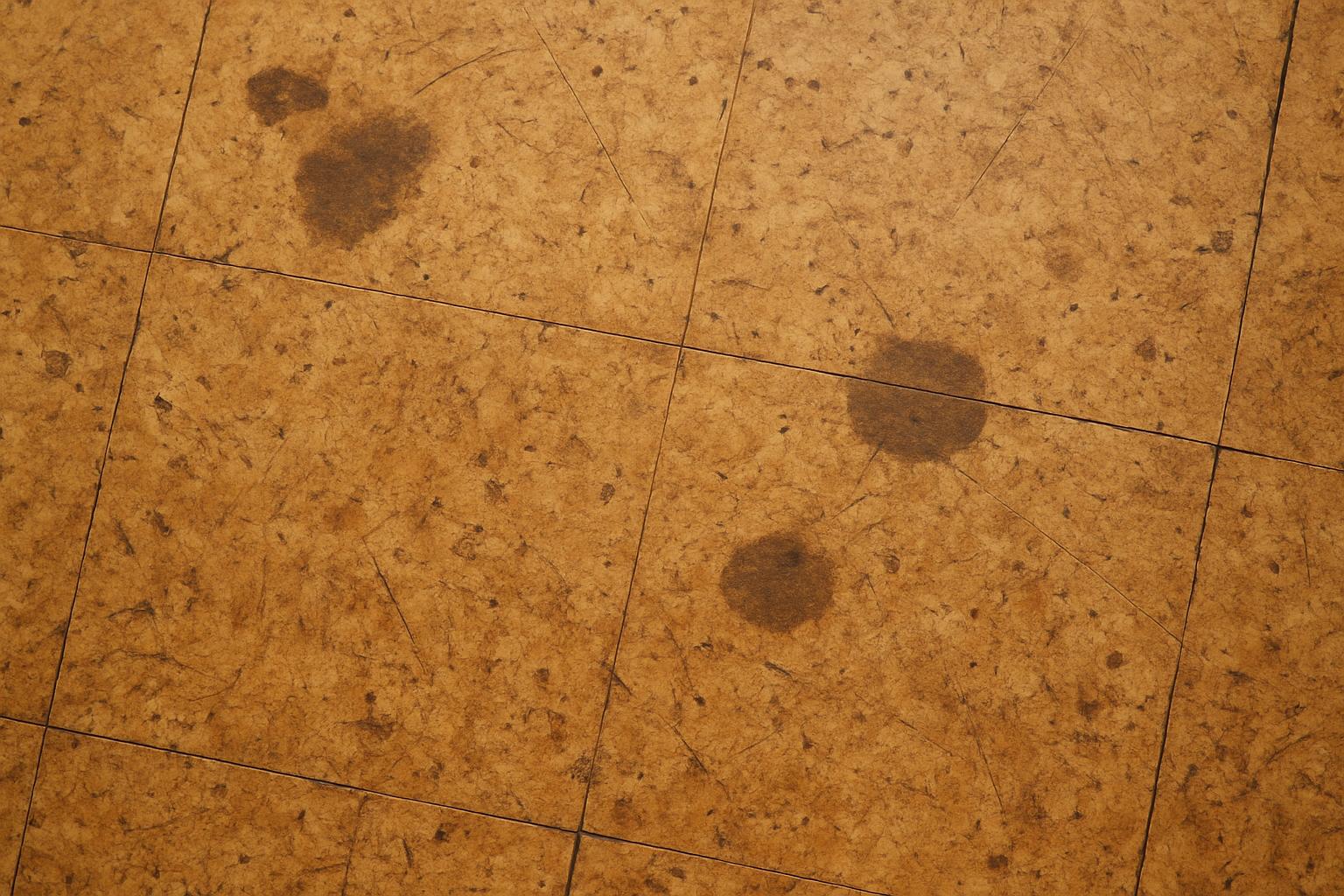 a cork floor with visible stains and scratches