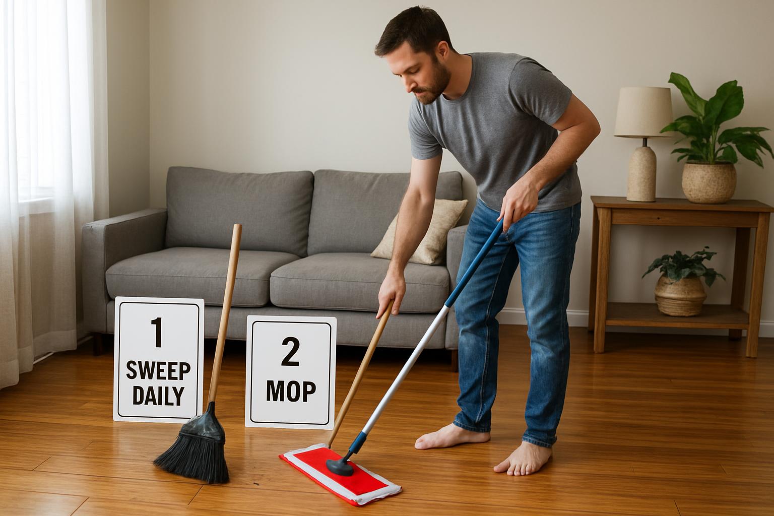 a homeowner following a step-by-step cleaning routine for bamboo flooring