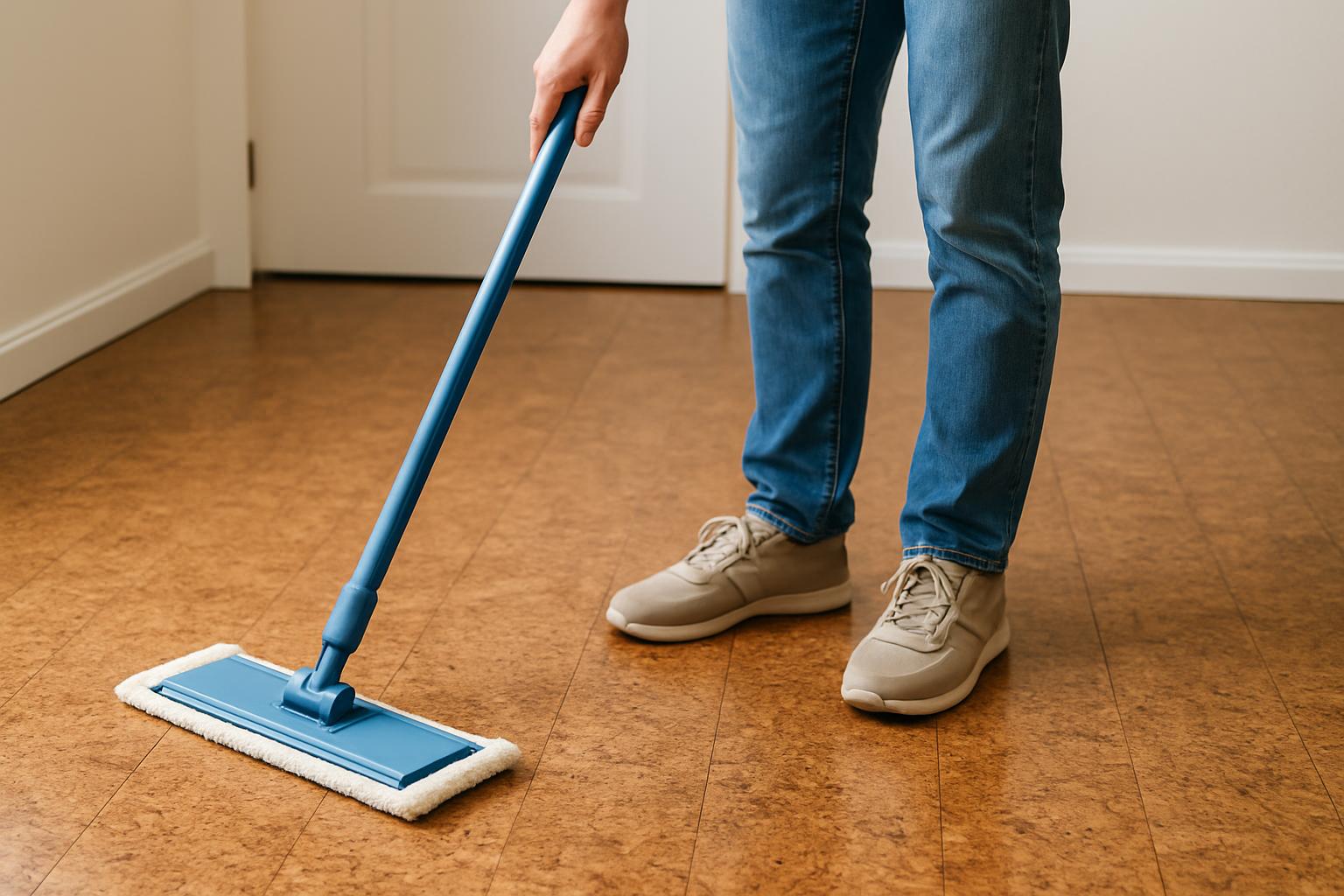 a person cleaning cork flooring with a damp mop