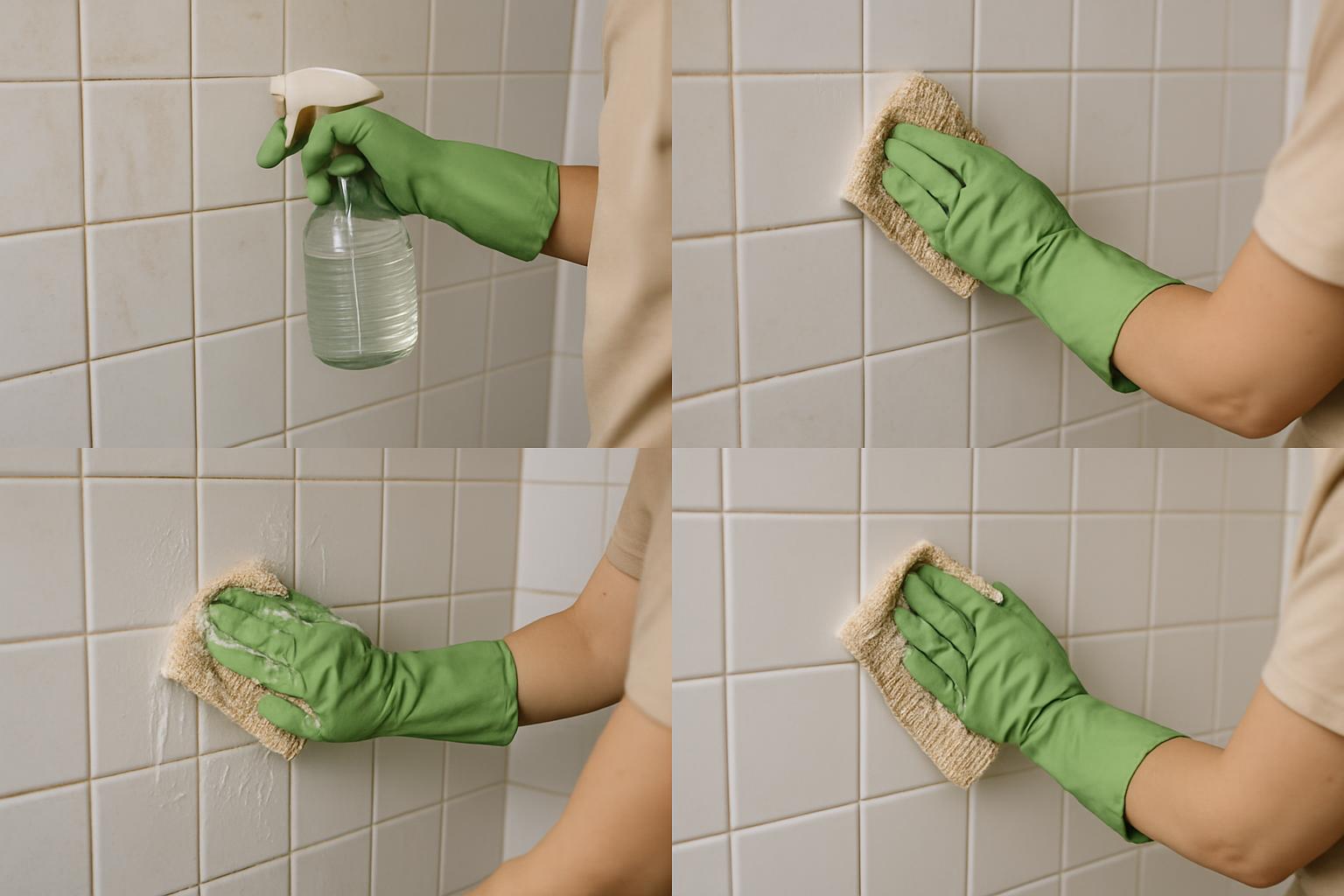 a person cleaning shower tiles using eco-friendly solutions