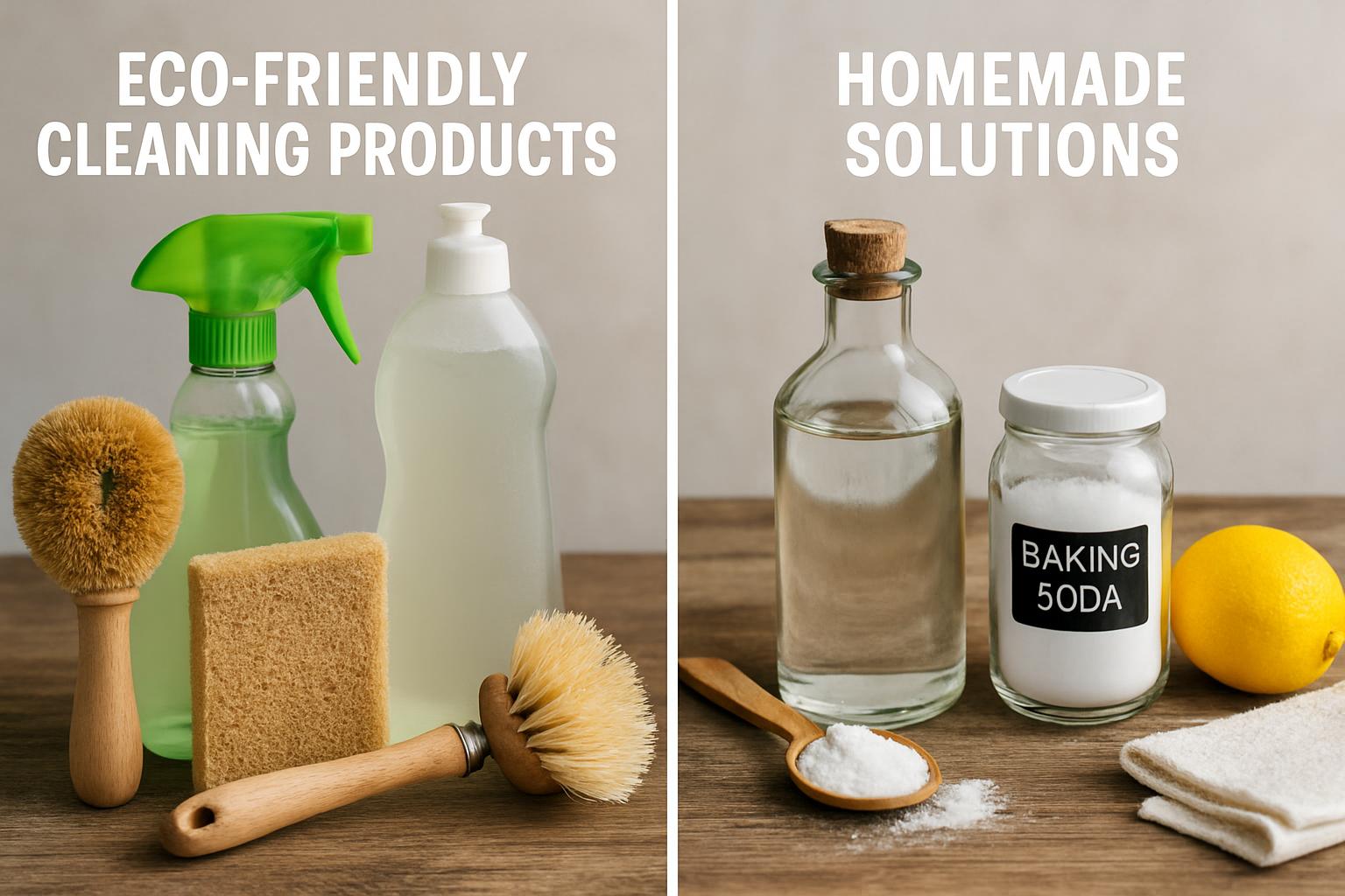 a side-by-side comparison of eco-friendly cleaning products and homemade solutions