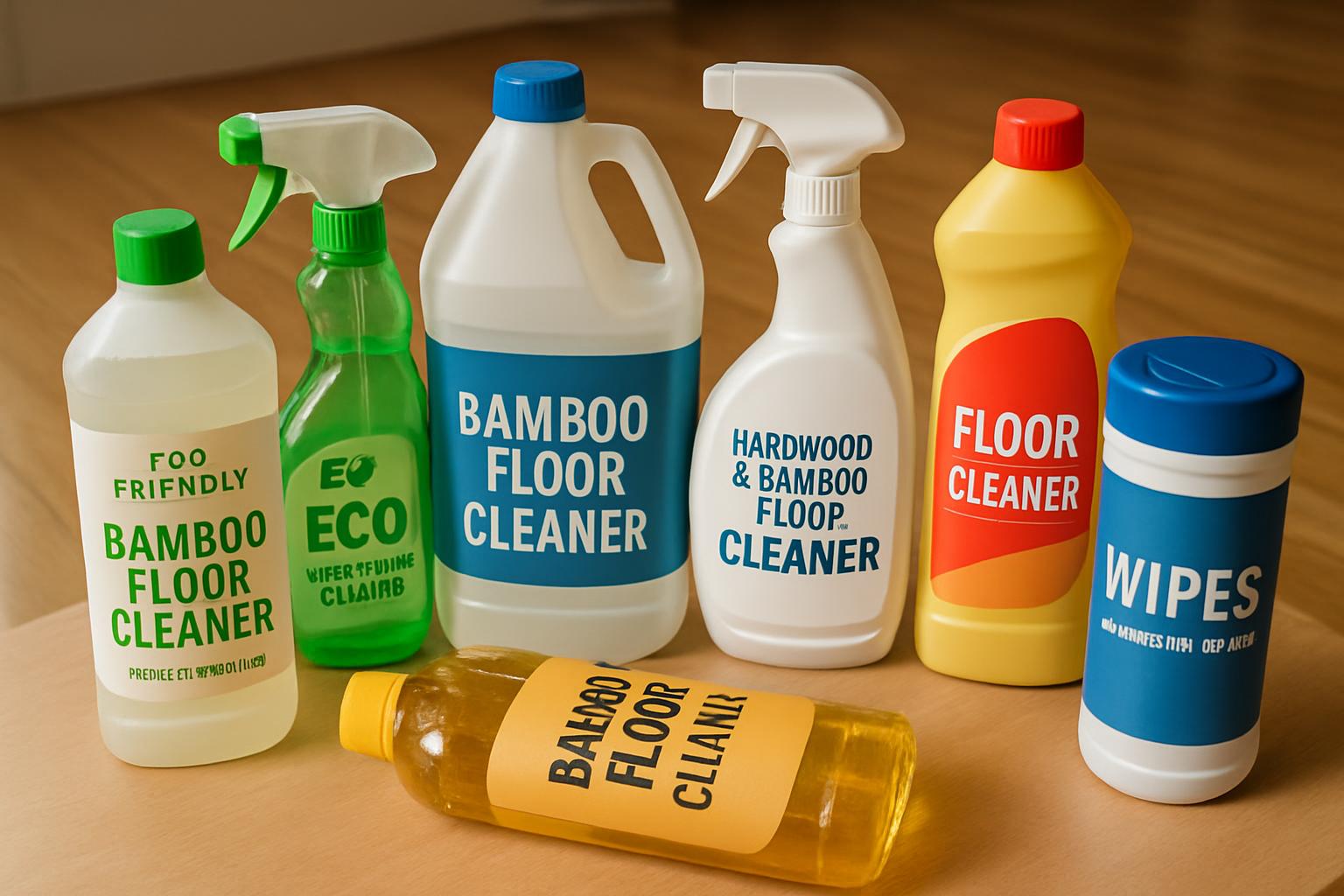 a visual representation of various cleaning products for bamboo flooring