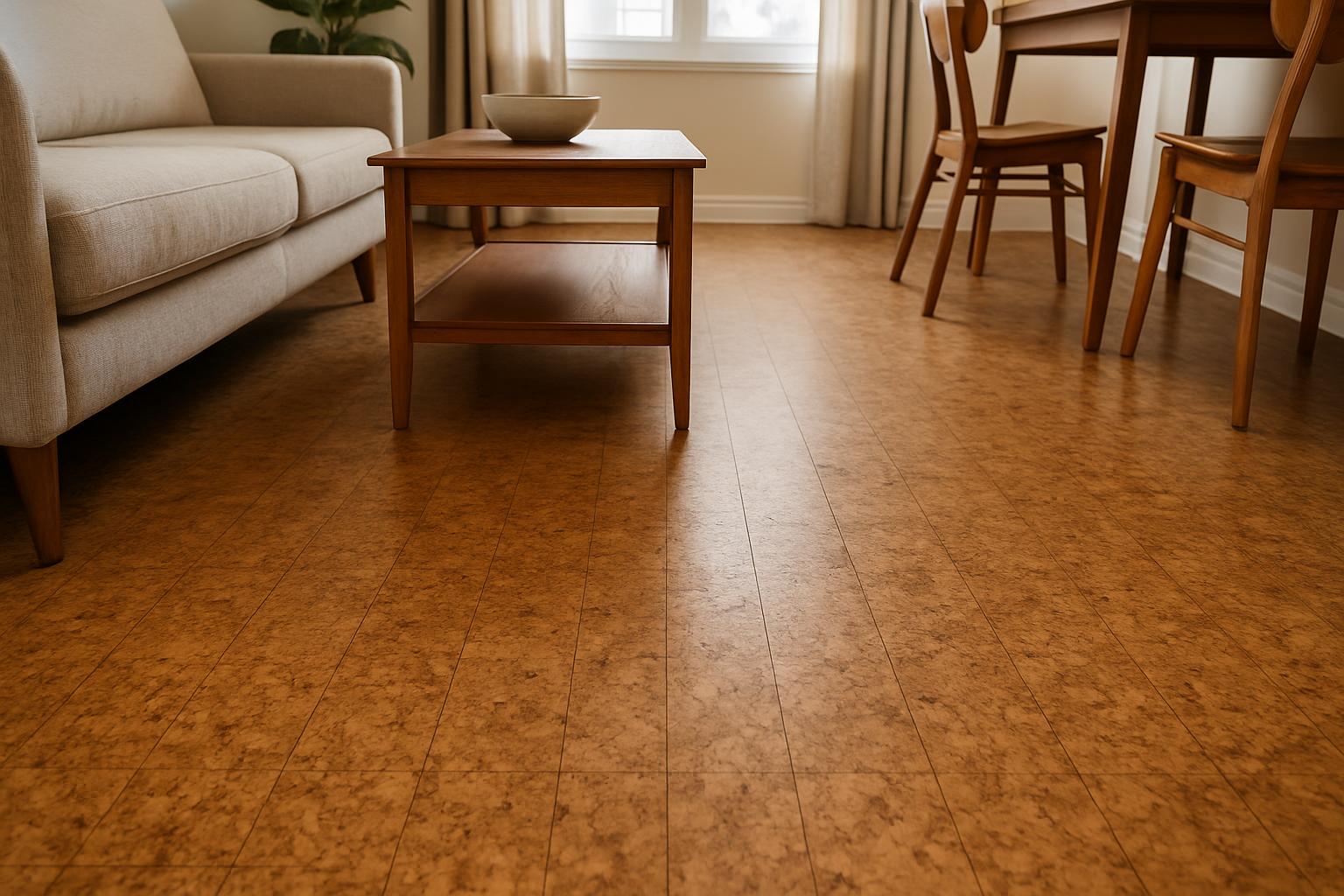 a well-maintained cork floor with furniture arranged to prevent wear