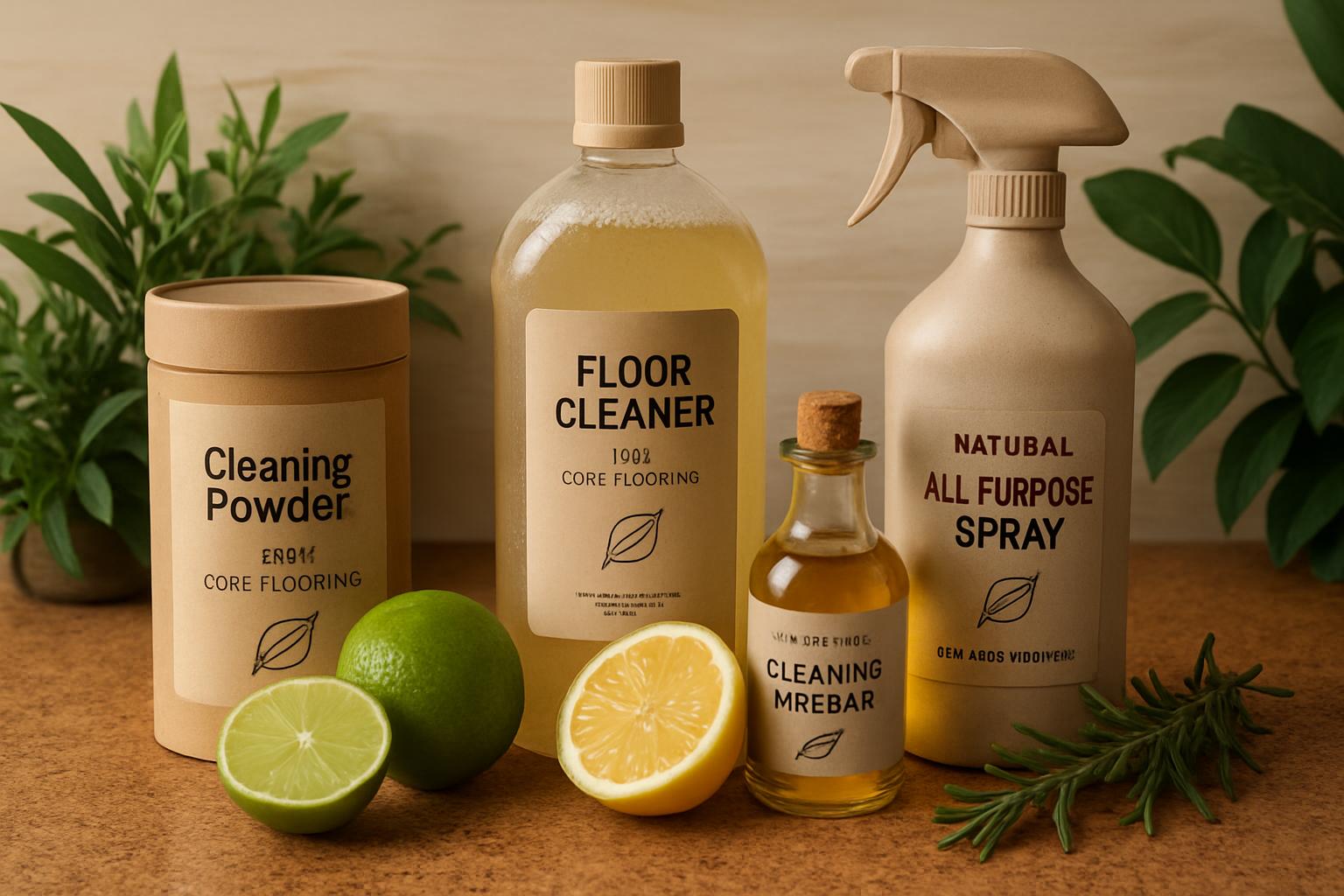 an array of eco-friendly cleaning products for cork flooring