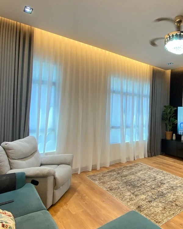 grey wave curtains installed in living room dubai
