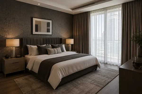Apartment bedroom, darker tonal wallpaper
