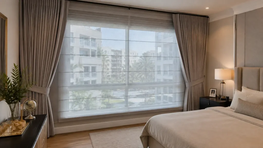 Layered Roman Shade & Drapes