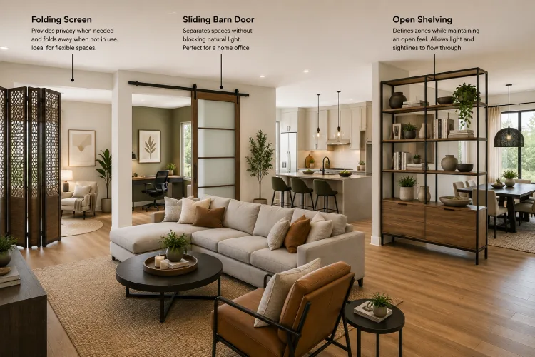 Partial Partitions with Screens, Sliding Barn Doors, and Open Shelving