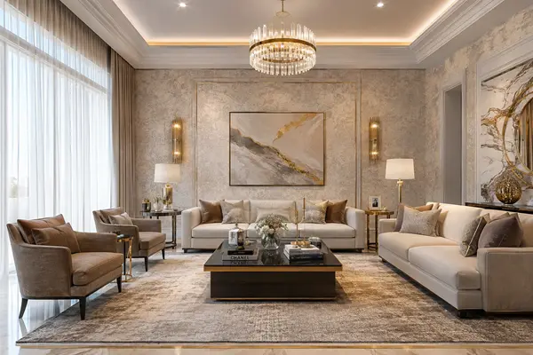 Villa living room, textured finish wallpaper