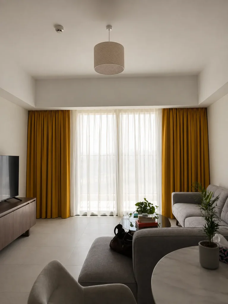 blackout and sheer curtains in mustard yellow