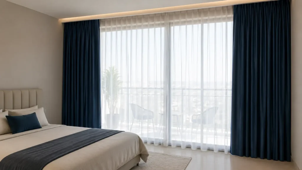 blue and white layered curtains