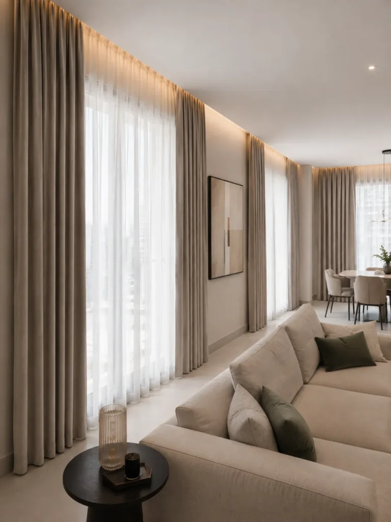 double curtains in open plan living room