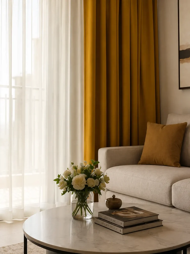 layered curtain in mustard yellow