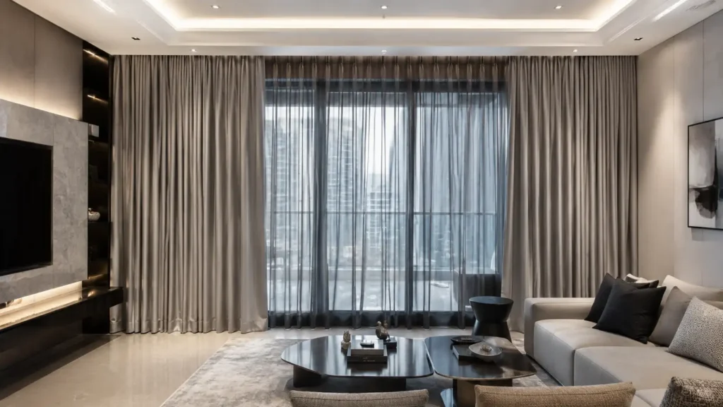 layered curtains in TV lounge