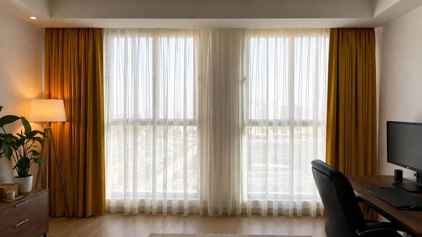 layered curtains in home-based office