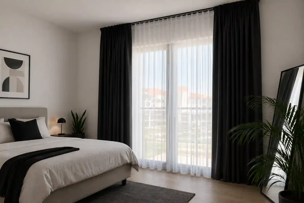 layered sheer and blackout curtain