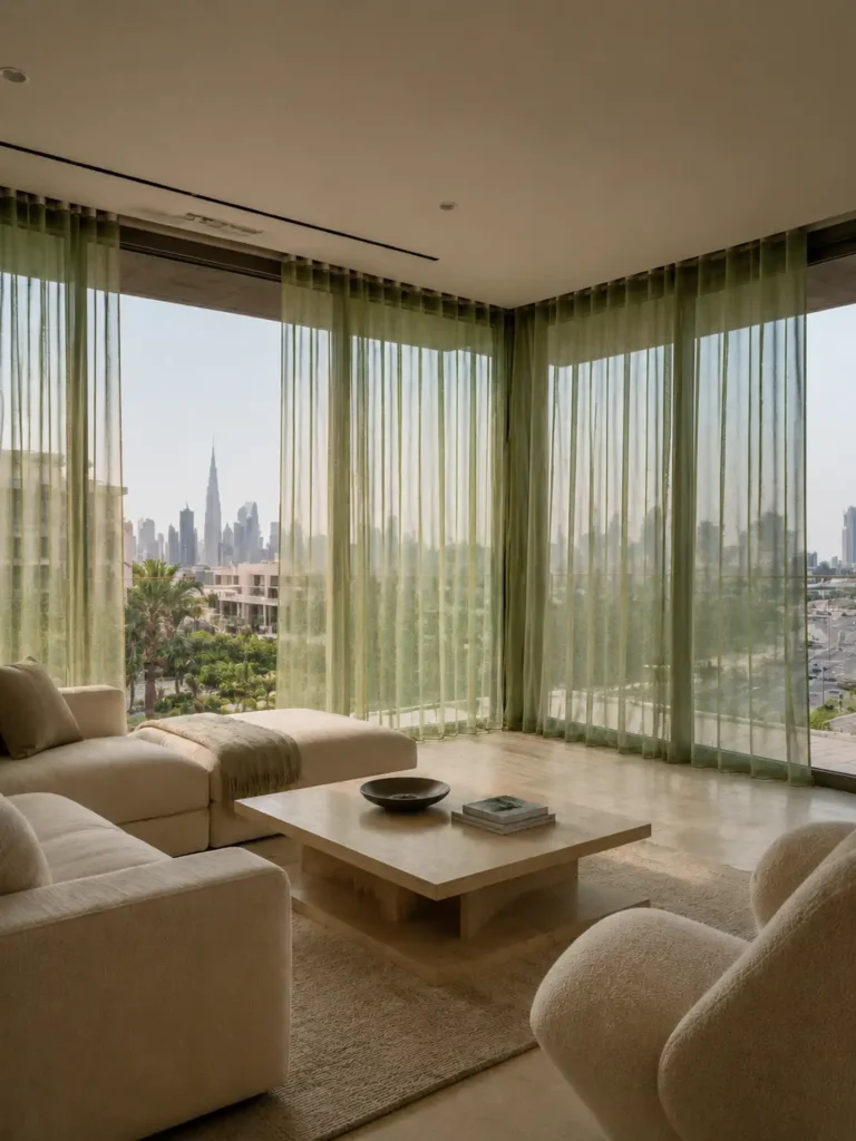 living room green curtains