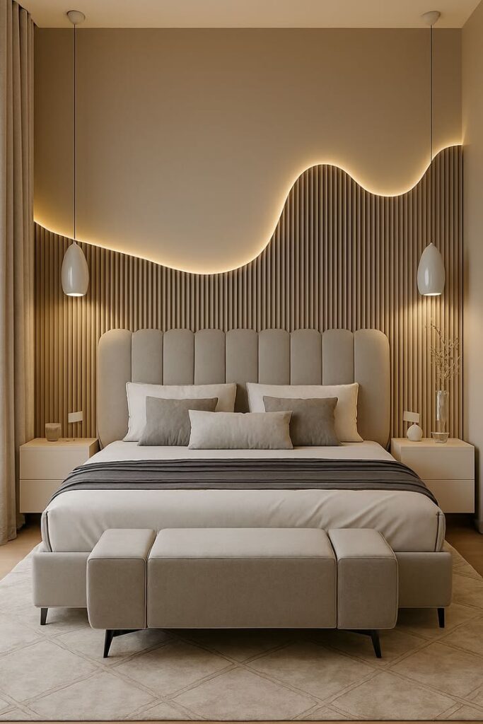 custom upholstered bed frame with a vertical channel-tufted headboard