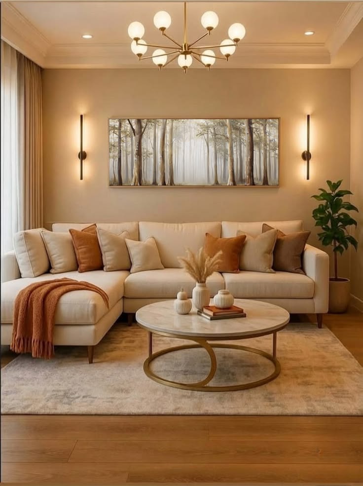 warm-neutral living room styled with a beige sectional sofa Upholstery