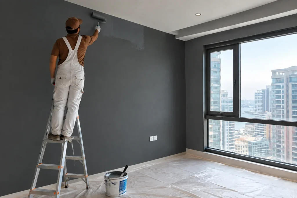Painter applying paint in a Dubai apartment