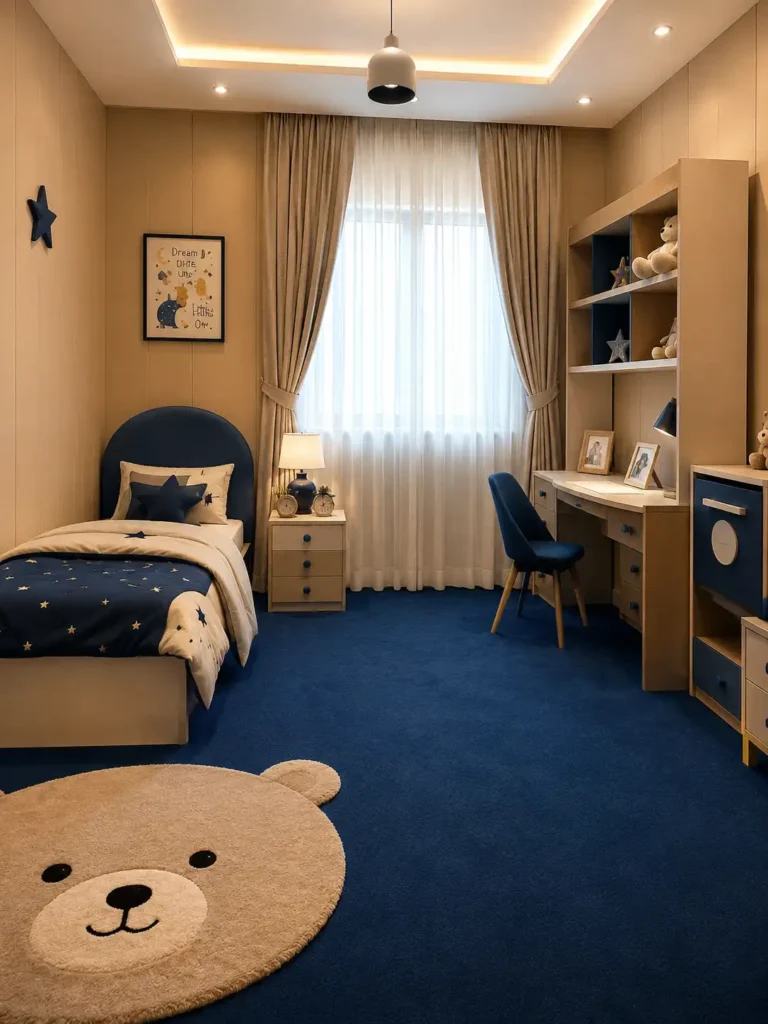 kids bedroom with beige wall panels