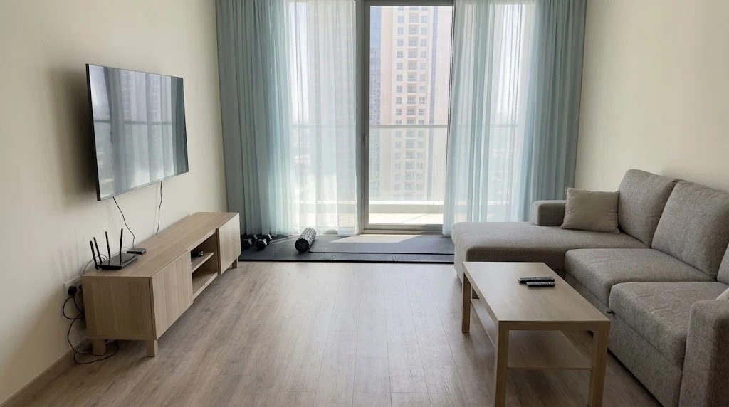 living room with rubber interlocking tiles