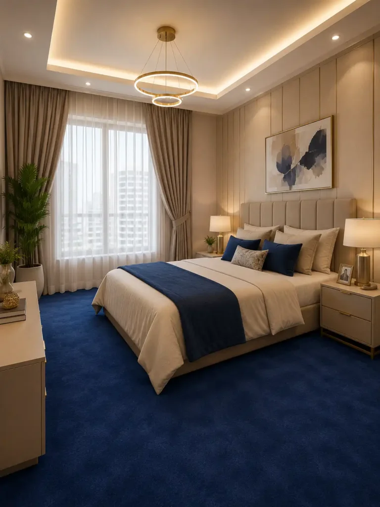 royal blue carpet in bedroom