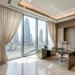 custom pinch-pleat office window in Dubai