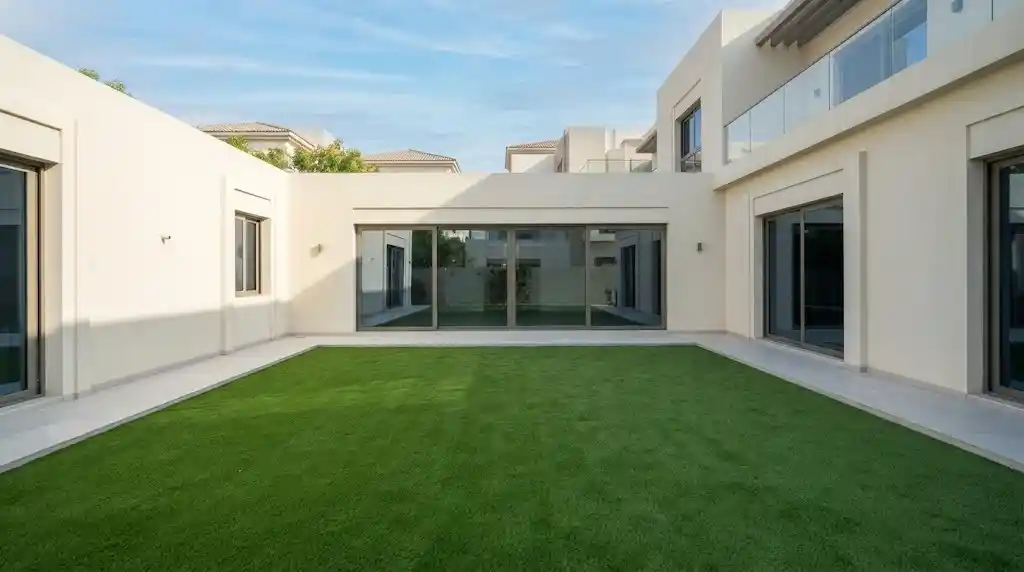 Artificial grass installation in a Dubai Hills Estate villa courtyard