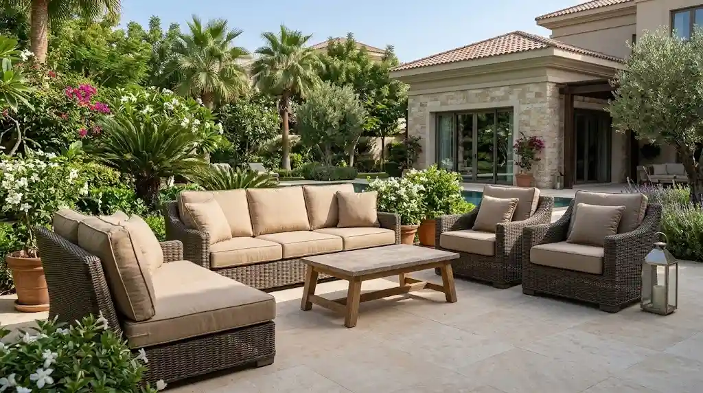 Beige garden sofa and lounge chairs in Emirates Hills, Dubai