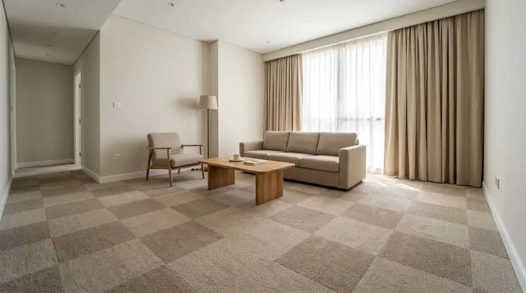 Checkerboard carpet in Al Satwa apartment living room