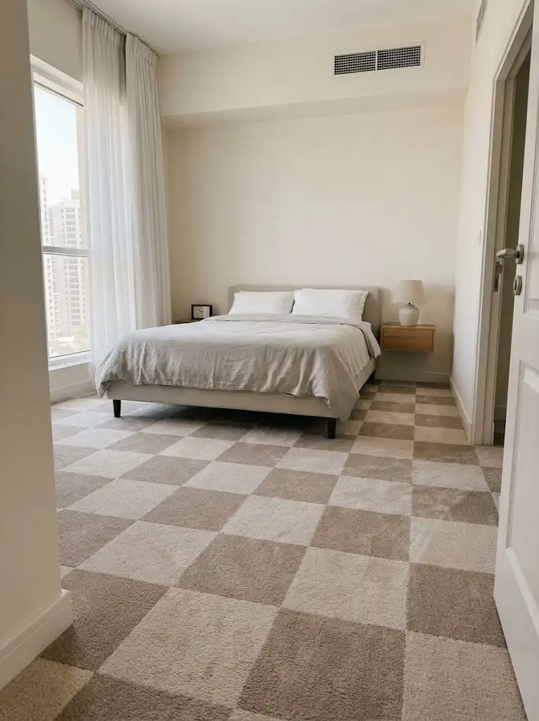Checkerboard carpet in apartment bedroom