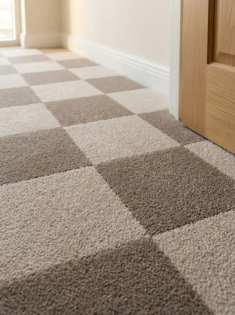 Checkerboard cut-pile carpet close-up