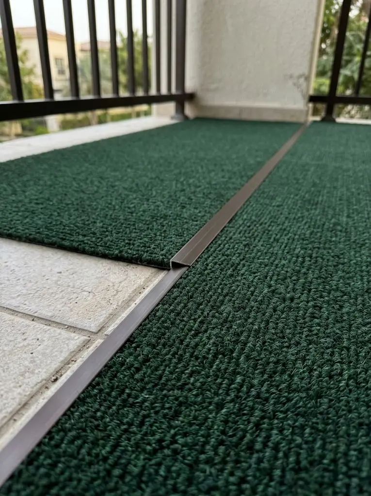 Close-up of dark green outdoor carpet fibers and edge trim