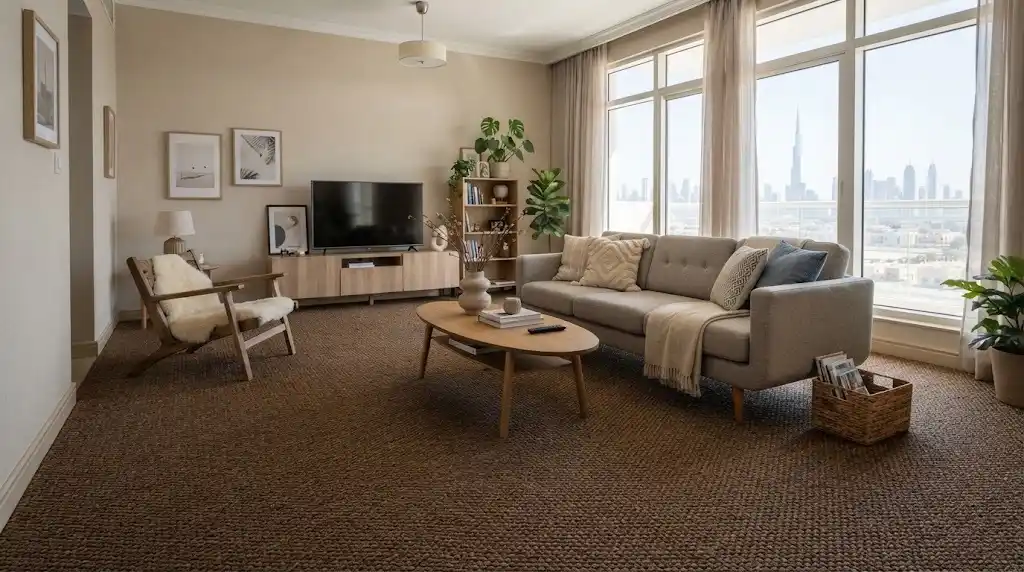 Dark brown sisal carpet in Jebel Ali living room