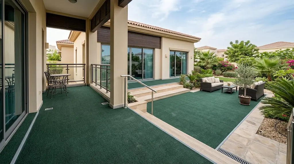 Dark green outdoor carpet on villa balcony in Arabian Ranches