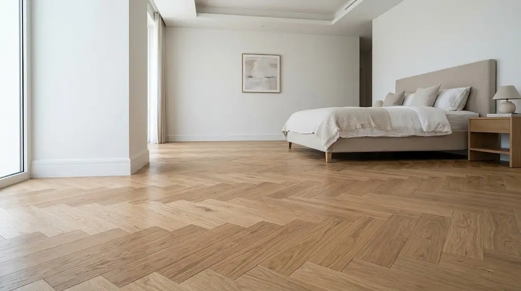European oak herringbone parquet flooring in a Dubai villa