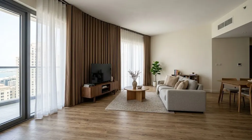 Layered curtains and vinyl flooring in a JBR apartment