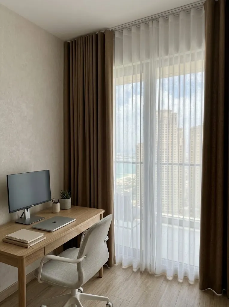 Layered curtains in a modern apartment home office