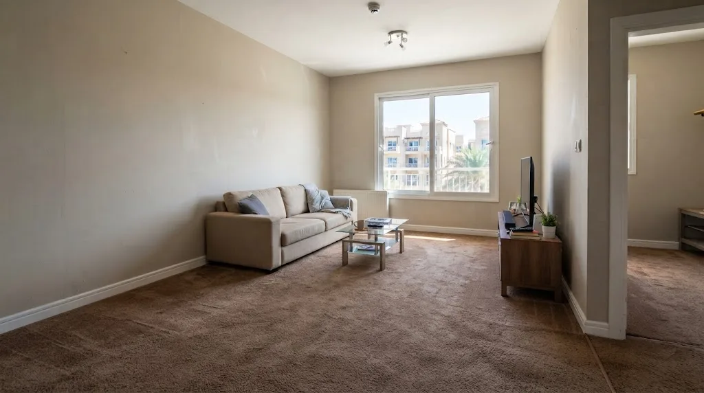 Living room after painting and custom carpet installation in Al Ghadeer