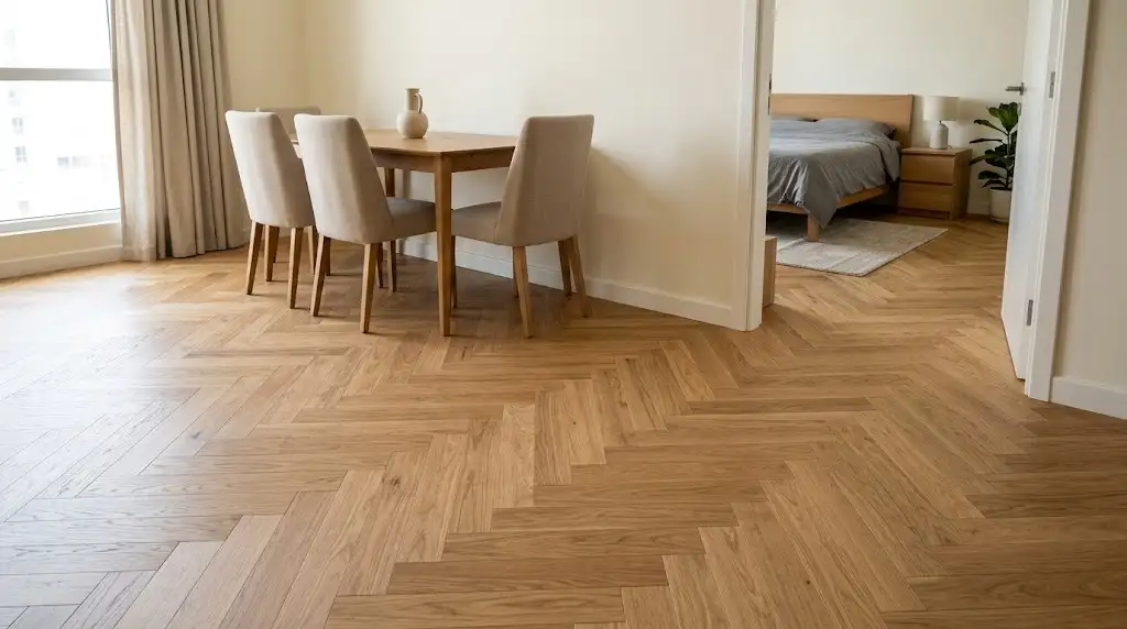Oak herringbone parquet flooring in an Al Quoz apartment